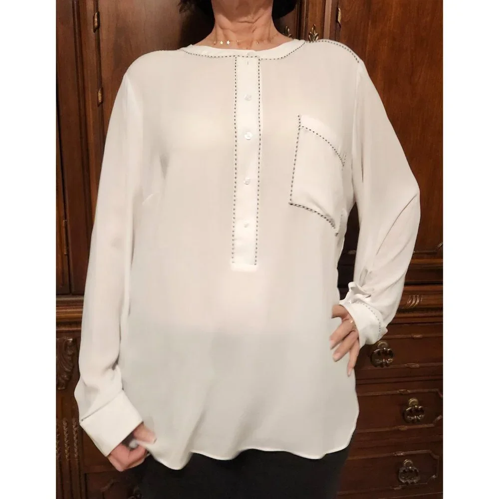 Lane Bryant Lng Slv Chiffon Blouse Pocket White w/ Black Whip Stitching Sz 18/20 - Picture 5 of 12